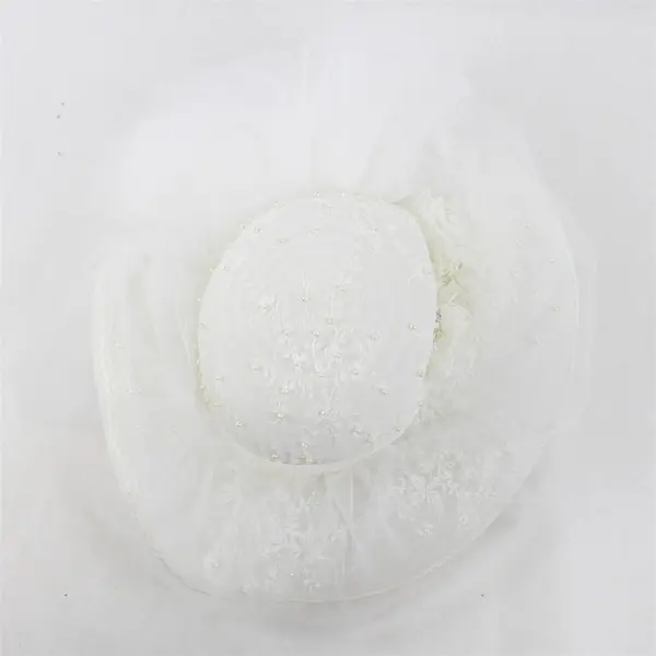 Vintage White Lace & Tulle w/Faux Pearls & Rhinestones Wedding Hat Veil - 1980's