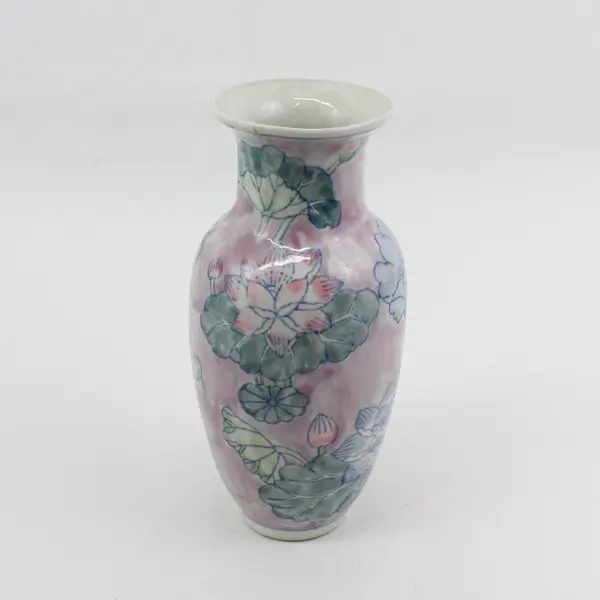 Unbranded Pink/Purple/Green Water Lily Water Color Style Ceramic Vase 8" Tall