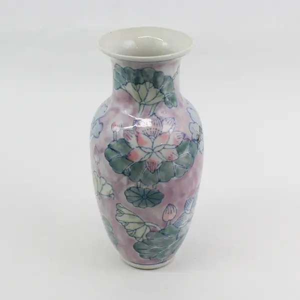 Unbranded Pink/Purple/Green Water Lily Water Color Style Ceramic Vase 8" Tall