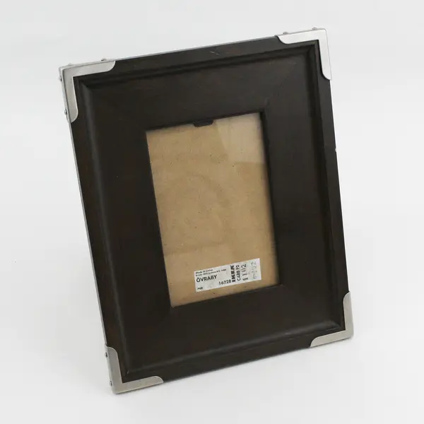 Ikea 8×10 Brown Wooden Photo Frame, Silver Metal Corners, #16228