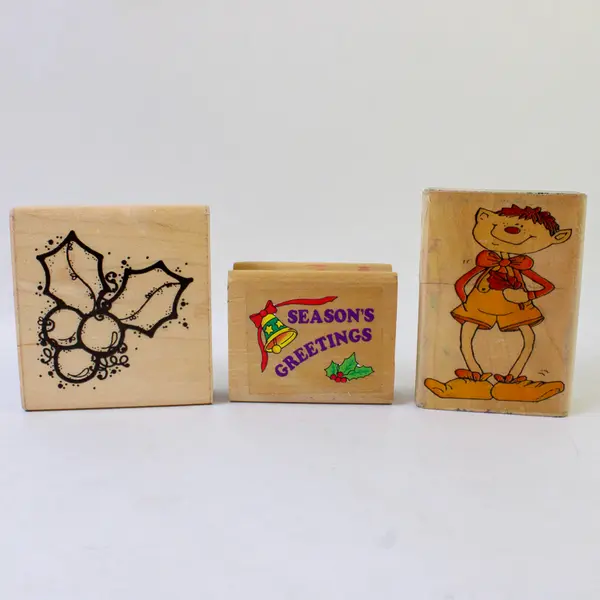 Lot of 3 Holiday Rubber Stamps Holly Berries Seasons Greetings Elf