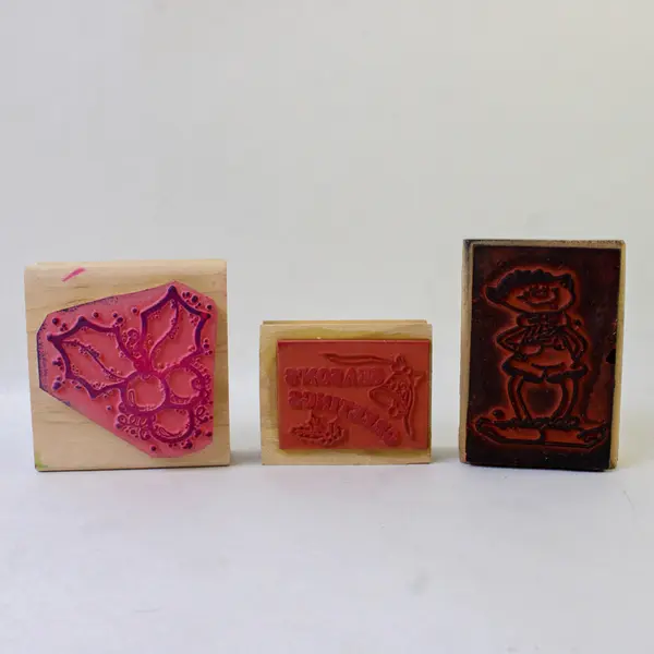 Lot of 3 Holiday Rubber Stamps Holly Berries Seasons Greetings Elf