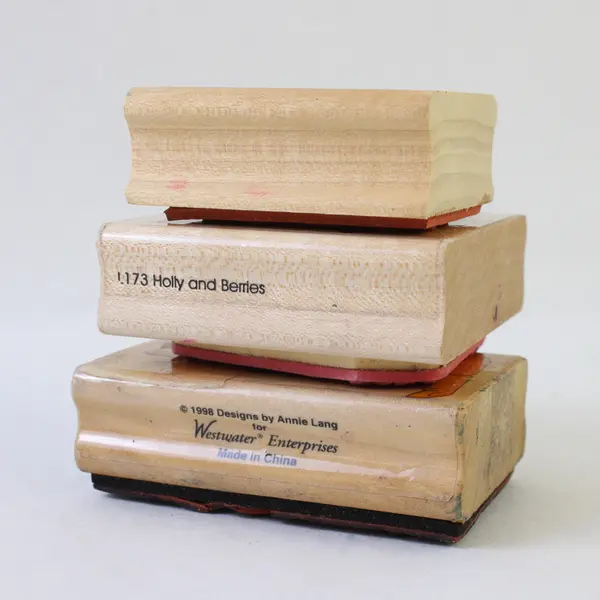 Lot of 3 Holiday Rubber Stamps Holly Berries Seasons Greetings Elf