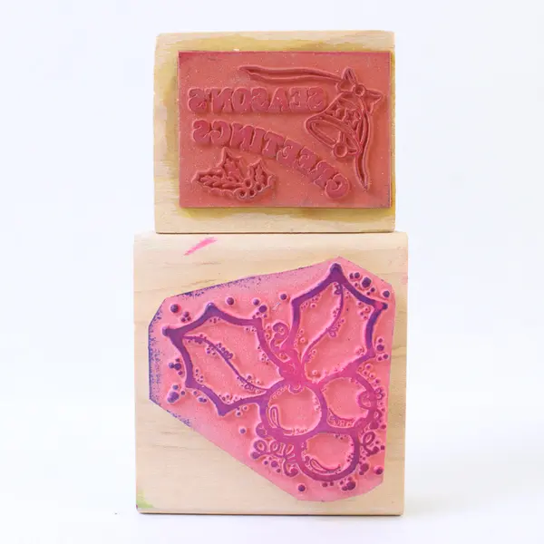 Lot of 3 Holiday Rubber Stamps Holly Berries Seasons Greetings Elf