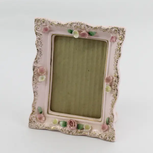 Vtg Norcrest J414 Porcelain Freestanding Picture Frame 7" Pink W Applied Flowers