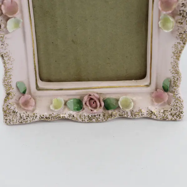 Vtg Norcrest J414 Porcelain Freestanding Picture Frame 7" Pink W Applied Flowers