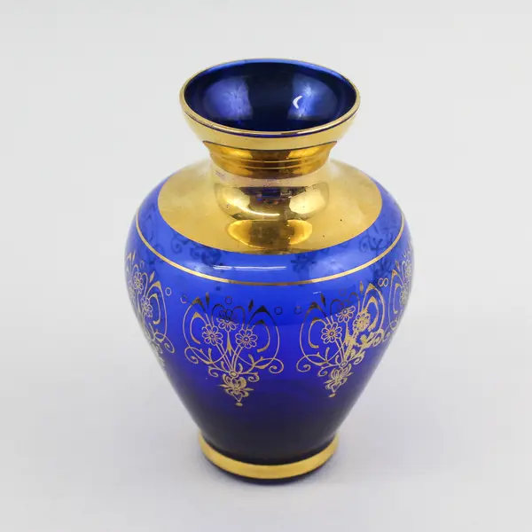 Laguna Murano Glass Venezia Cobalt Blue Art Glass Vase Gold Trim 5.25" Tall