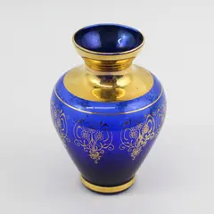 Laguna Murano Glass Venezia Cobalt Blue Art Glass Vase Gold Trim 5.25" Tall