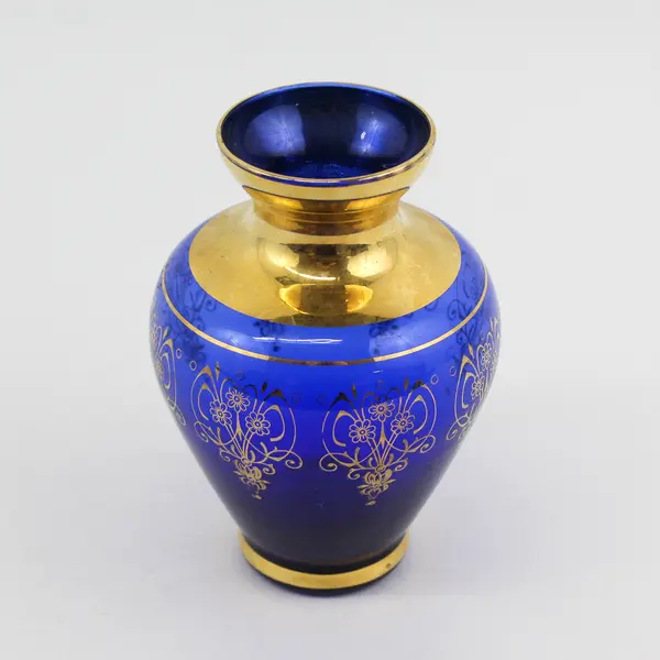 Laguna Murano Glass Venezia Cobalt Blue Art Glass Vase Gold Trim 5.25" Tall