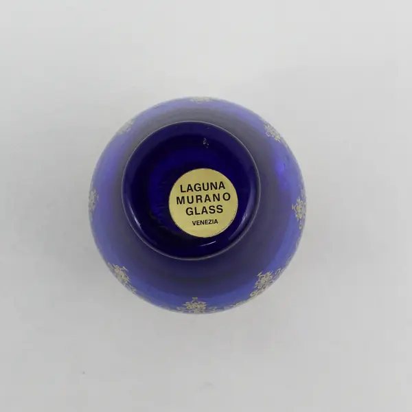 Laguna Murano Glass Venezia Cobalt Blue Art Glass Vase Gold Trim 5.25" Tall