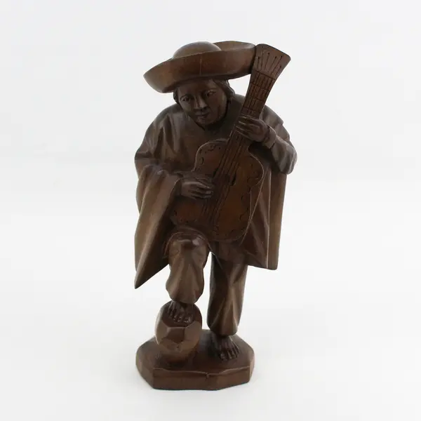 Handmade Carved Wooden South American Man Playing Guitar Figurine 11" Tall