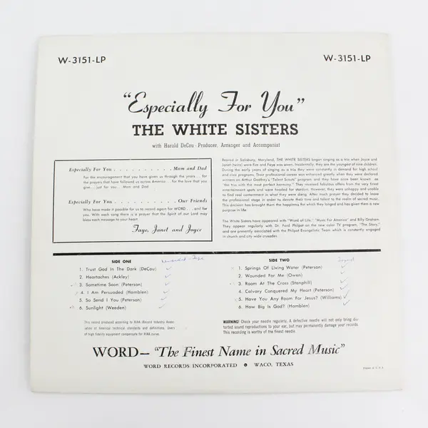 The White Sisters " Especially For You" 12" Vinyl Record
