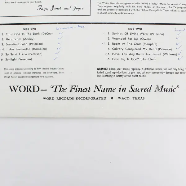 The White Sisters " Especially For You" 12" Vinyl Record