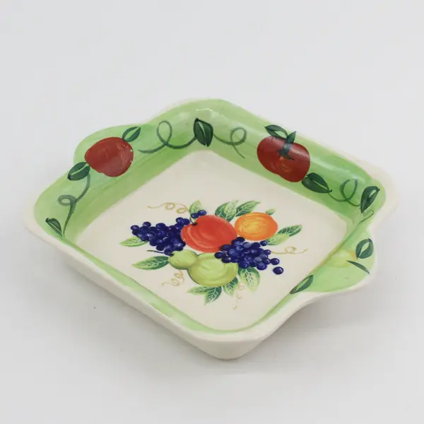 6.5" Square Green Ceramic Serving Bowl Hand Painted Fruit Pattern