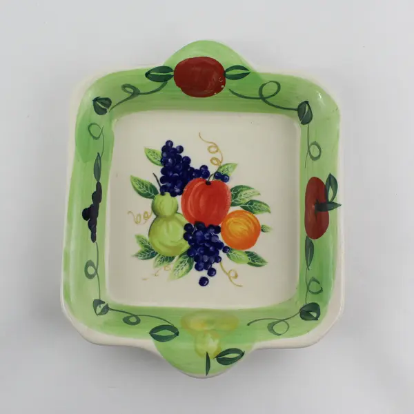 6.5" Square Green Ceramic Serving Bowl Hand Painted Fruit Pattern