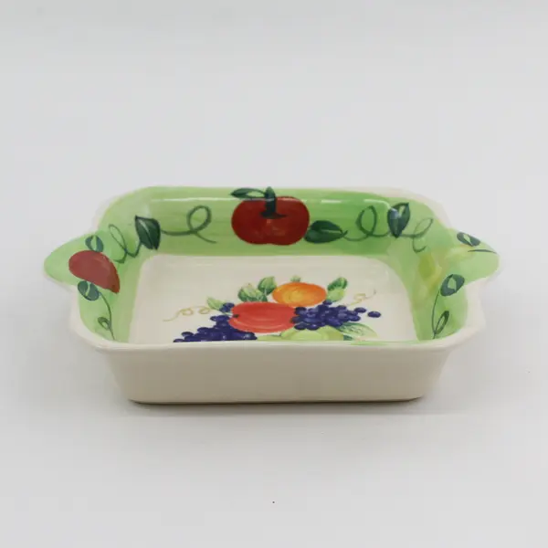 6.5" Square Green Ceramic Serving Bowl Hand Painted Fruit Pattern