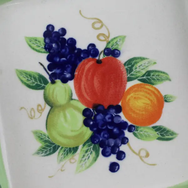 6.5" Square Green Ceramic Serving Bowl Hand Painted Fruit Pattern
