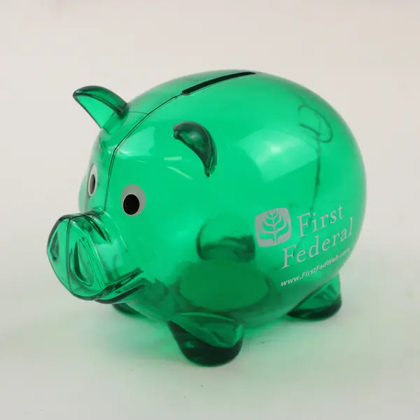 First Federal Green Plastic Piggy Bank Collectible Very Good Condition