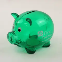 First Federal Green Plastic Piggy Bank Collectible Very Good Condition
