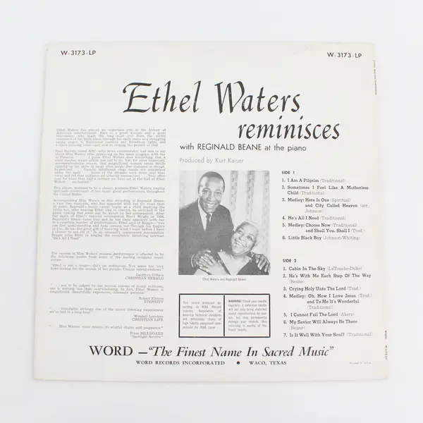 Ethel Waters Reminisces With Reginald Beane at the piano 12" Vinyl Record