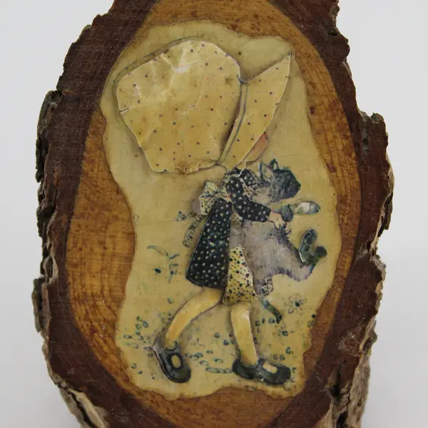 Vntage Holly Hobbie Decoupage or Shellacked Wood Slab Table or Dresser Plaque