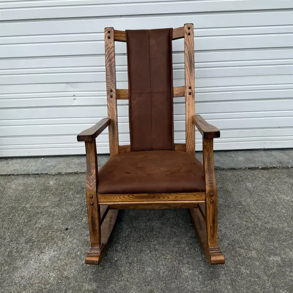 Rustic Style Oak Wood Rocking Chair w/ Brown Pleather Seat - Local Pickup Only