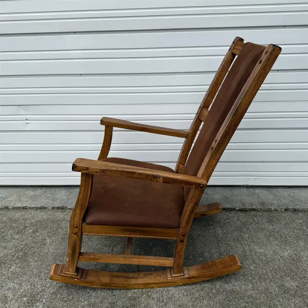Rustic Style Oak Wood Rocking Chair w/ Brown Pleather Seat - Local Pickup Only