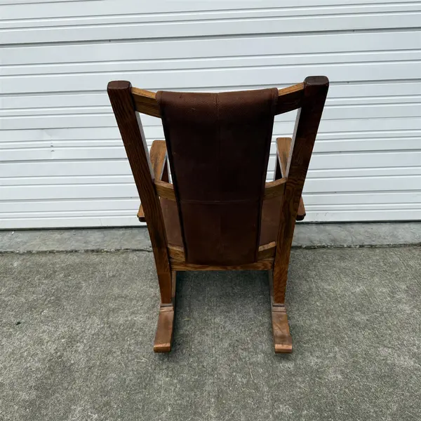 Rustic Style Oak Wood Rocking Chair w/ Brown Pleather Seat - Local Pickup Only