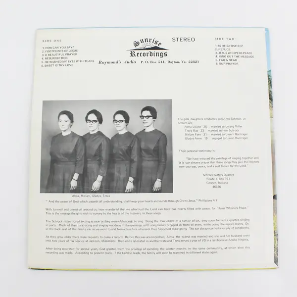 The Schrock Sisters Quartette "Jesus Whispers Peace" 12" Vinyl Record