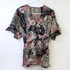 Loco Lindo Blue/Pink/Silver Floral Satin Short Sleeve Blouse Top Women's Size L