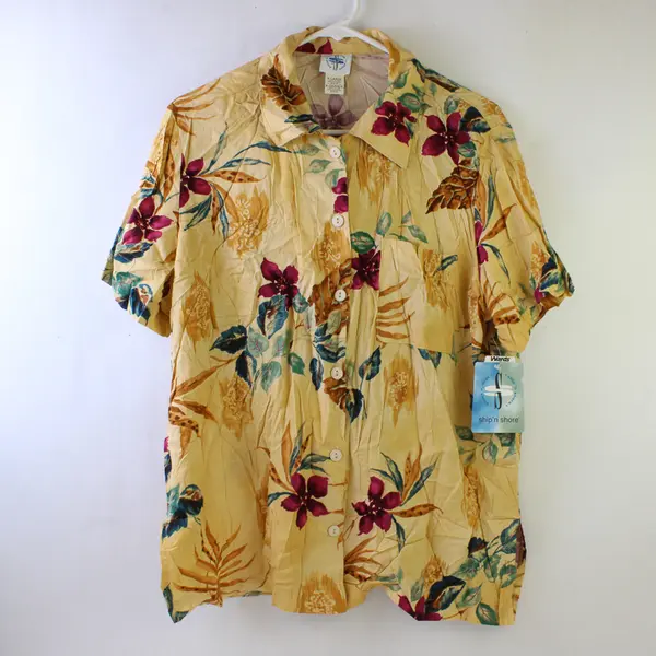 Ship'n Shore Yellow Floral Short Sleeve Aloha/Hawaiian Shirt Women's Size XL