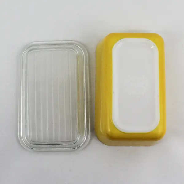 Pyrex Yellow 1 1/2 Pint  Mini Loaf Baking Pan With Ribbed Lid Ovenware  0502