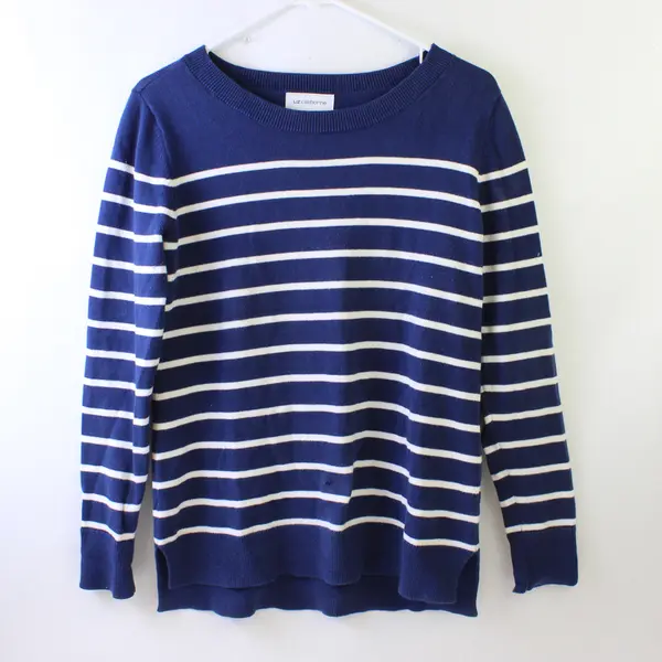 Liz Claiborne Blue/White Striped Long Sleeve Knit Sweater 100% Cotton Women's S