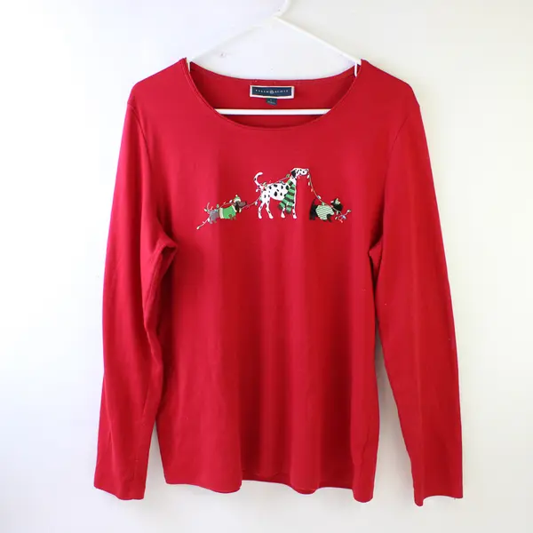 Karen Scott Red Strings Lights & Dogs Print Long Sleeve Top Women's Size L