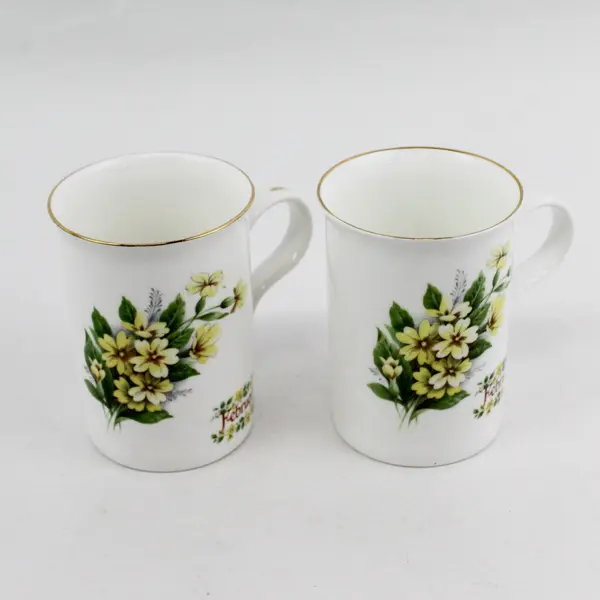 2 VTG Crown Dorset Bone China Coffee Cups  February Yellow Violets England