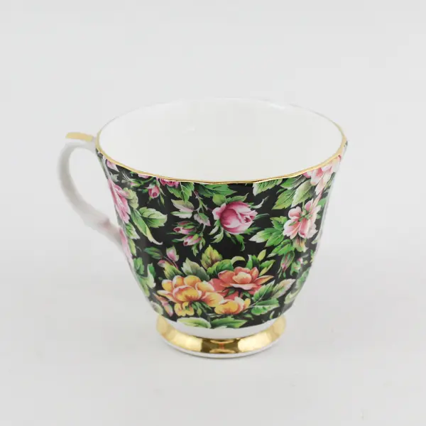 Vtg Royal Norcrest Staffordshire Tea Cup  Black Gold Trim  Roses England