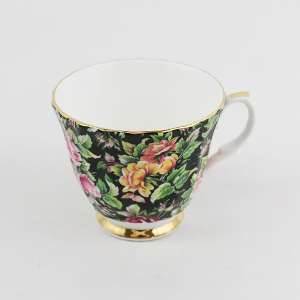 Vtg Royal Norcrest Staffordshire Tea Cup  Black Gold Trim  Roses England