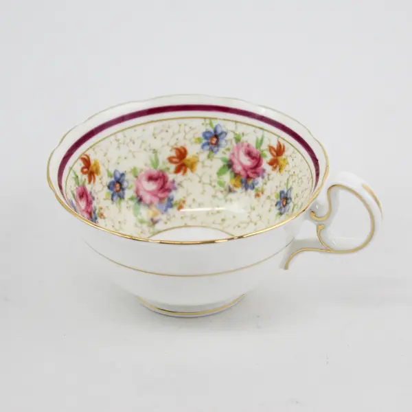VTG Aynsley Bone China Tea Cup White with Flowers Inside Burgundy Band