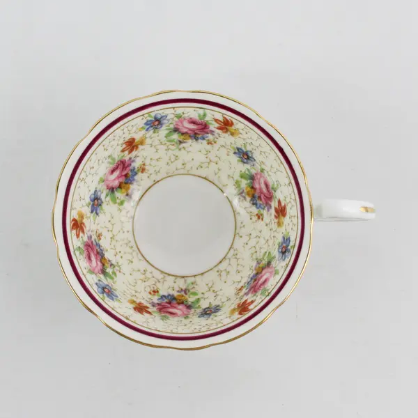 VTG Aynsley Bone China Tea Cup White with Flowers Inside Burgundy Band
