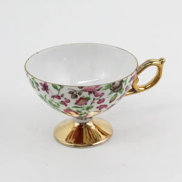 Vintage Ucagco Japan Chintz  Footed Tea White Gold Trim Pink Flowers