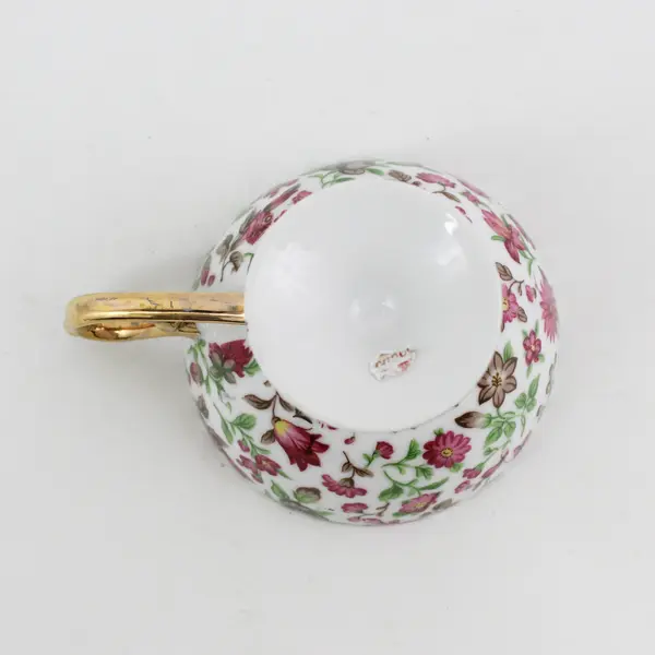 Vintage Ucagco Japan Chintz  Footed Tea White Gold Trim Pink Flowers