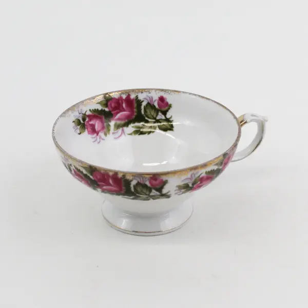 Vintage Bone China Footed Tea Cup From Japan White Gold Trim Pink Roses