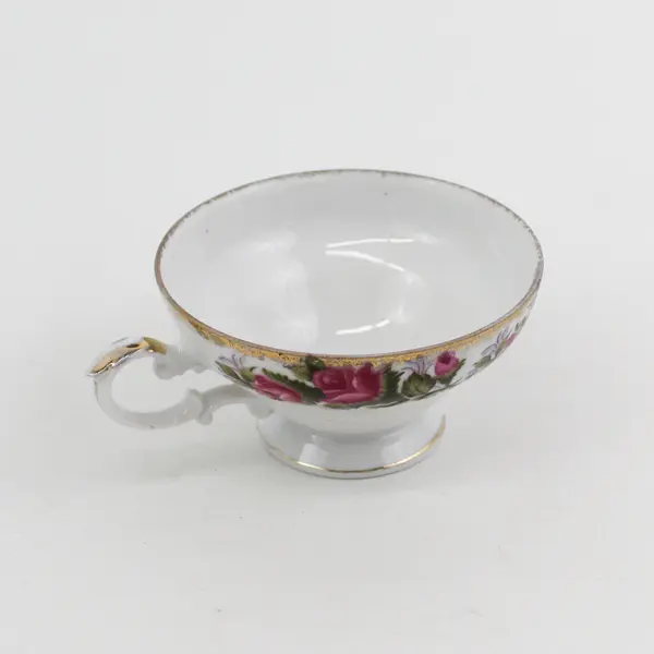 Vintage Bone China Footed Tea Cup From Japan White Gold Trim Pink Roses
