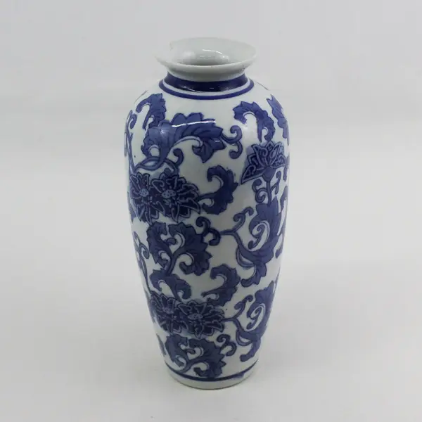 10" Tall Ceramic Jar Flower Vase From China White With Blue Flowers