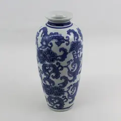 10" Tall Ceramic Jar Flower Vase From China White With Blue Flowers
