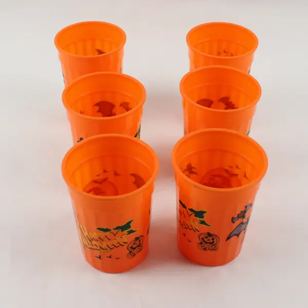 Lot Of 6 Unbranded Matching Orange "Happy Halloween" Drinking Cups 4.25" Tall