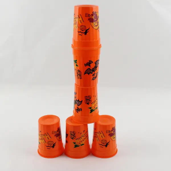 Lot Of 6 Unbranded Matching Orange "Happy Halloween" Drinking Cups 4.25" Tall