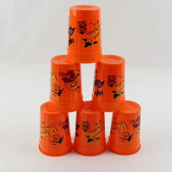 Lot Of 6 Unbranded Matching Orange "Happy Halloween" Drinking Cups 4.25" Tall