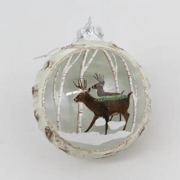 Hand Painted Ceramic And Glass Christmas Ball Ornament Deer And Aspen Trees 3.5"