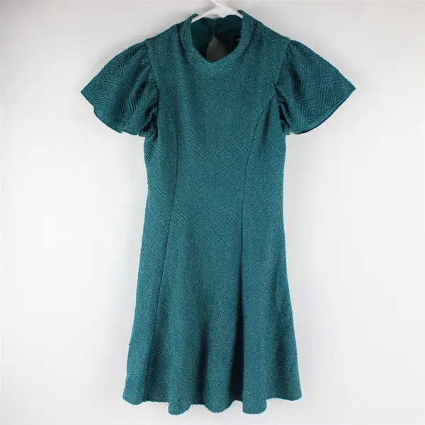 ZUNIE Girl's M (10/12) Teal Metallic Sparkle Ruffle Sleeve Fit & Flare Dress